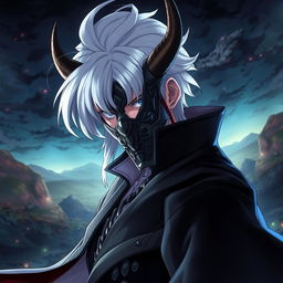 Anime version of Takuma Sakamoto, featuring striking white hair styled smoothly, adorned with formidable demon horns