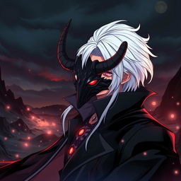 Anime version of Takuma Sakamoto, featuring striking white hair styled smoothly, adorned with formidable demon horns