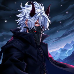 Anime version of Takuma Sakamoto, featuring striking white hair styled smoothly, adorned with formidable demon horns