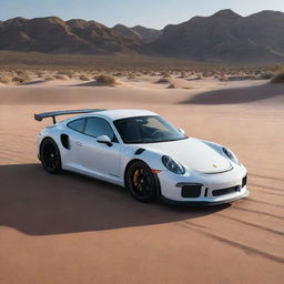 A sleek Porsche GT3 RS prominently positioned in the vast desert landscape, surrounded by an expanse of sand and dramatic shadows