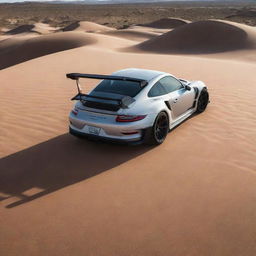 A sleek Porsche GT3 RS prominently positioned in the vast desert landscape, surrounded by an expanse of sand and dramatic shadows