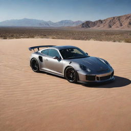 A sleek Porsche GT3 RS prominently positioned in the vast desert landscape, surrounded by an expanse of sand and dramatic shadows