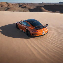 A sleek Porsche GT3 RS prominently positioned in the vast desert landscape, surrounded by an expanse of sand and dramatic shadows