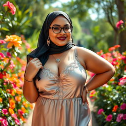 A beautiful, curvy chubby lady, 35 years old, wearing a stylish hijab and glasses