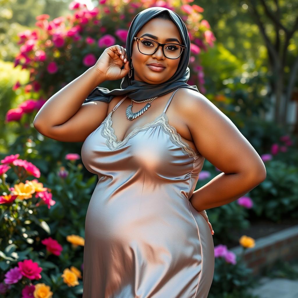 A beautiful, curvy chubby lady, 35 years old, wearing a stylish hijab and glasses