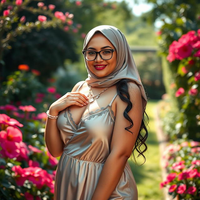 A beautiful, curvy chubby lady, 35 years old, wearing a stylish hijab and glasses