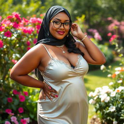 A beautiful, curvy chubby lady, 35 years old, wearing a stylish hijab and glasses