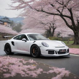 The sleek Porsche GT3 RS is now situated in the scenic backdrop of Kyoto, surrounded by a delicate flurry of cherry blossoms (sakura)