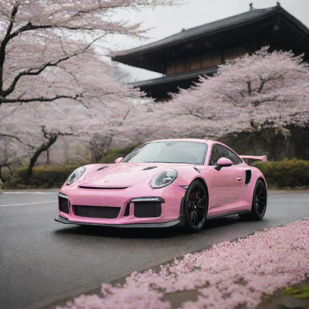 The sleek Porsche GT3 RS is now situated in the scenic backdrop of Kyoto, surrounded by a delicate flurry of cherry blossoms (sakura)