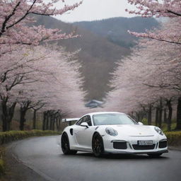 The sleek Porsche GT3 RS is now situated in the scenic backdrop of Kyoto, surrounded by a delicate flurry of cherry blossoms (sakura)