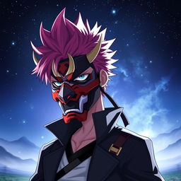 Subaru Natsuki from Re:Zero, depicted with a striking oni mask that covers part of his face