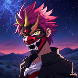 Subaru Natsuki from Re:Zero, depicted with a striking oni mask that covers part of his face