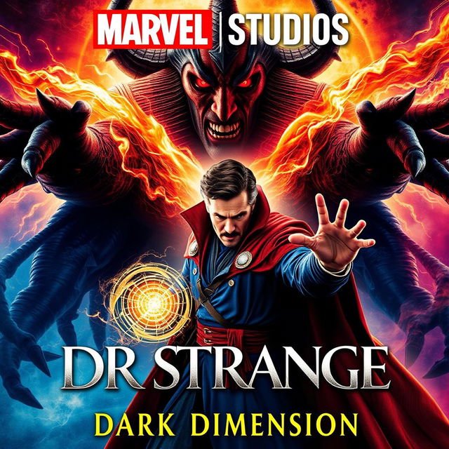 A vibrant and dynamic Marvel movie cover for 'DR STRANGE DARK DIMENSION'