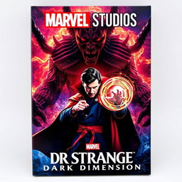 A vibrant and dynamic Marvel movie cover for 'DR STRANGE DARK DIMENSION'