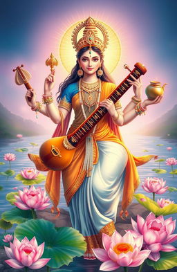 A beautiful illustration of Goddess Saraswati, depicted as a graceful deity with four arms, each holding a musical instrument, a book, a rosary, and a pot of water