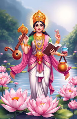 A beautiful illustration of Goddess Saraswati, depicted as a graceful deity with four arms, each holding a musical instrument, a book, a rosary, and a pot of water