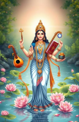A beautiful illustration of Goddess Saraswati, depicted as a graceful deity with four arms, each holding a musical instrument, a book, a rosary, and a pot of water
