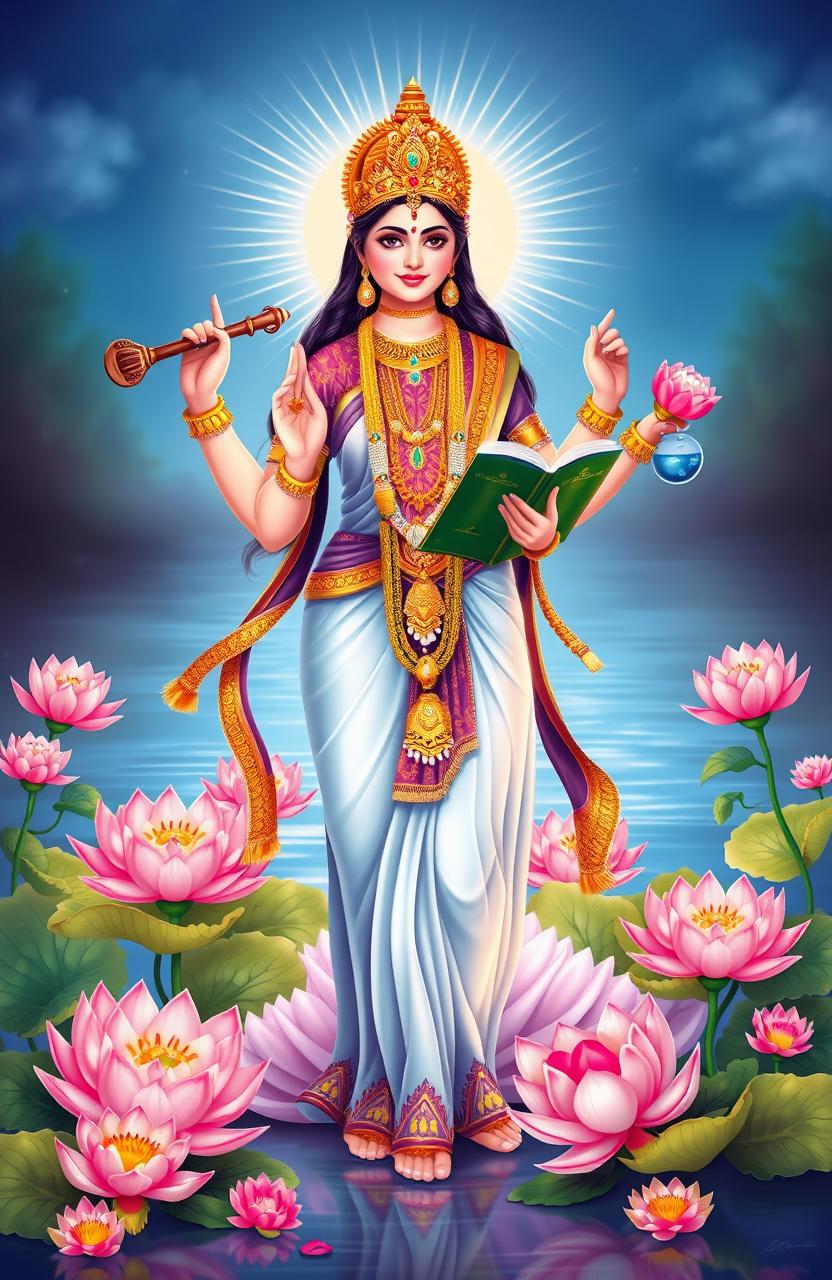 A beautiful illustration of Goddess Saraswati, depicted as a graceful deity with four arms, each holding a musical instrument, a book, a rosary, and a pot of water