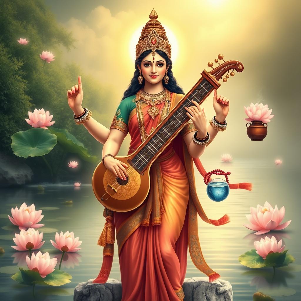 A stunning depiction of Goddess Saraswati in a serene and artistic manner