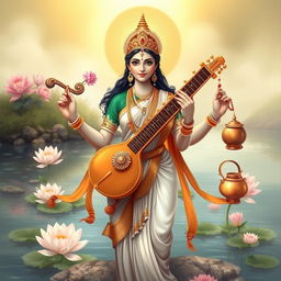 A stunning depiction of Goddess Saraswati in a serene and artistic manner