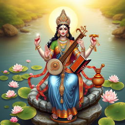 A stunning depiction of Goddess Saraswati in a serene and artistic manner