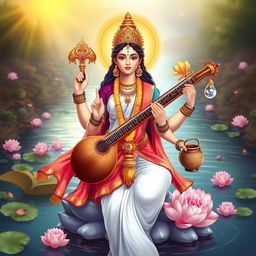 A stunning depiction of Goddess Saraswati in a serene and artistic manner