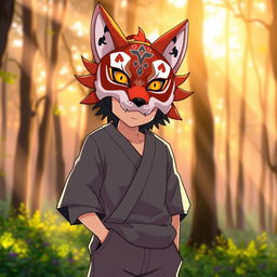 Kazuma Satou from Konosuba, depicted wearing an elaborate fox mask that adds a playful yet mysterious aura to his character