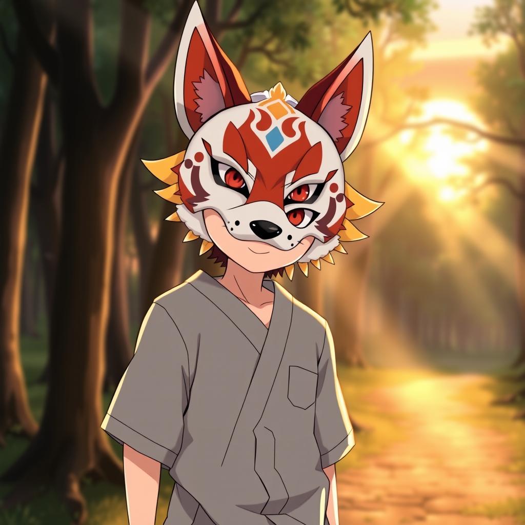 Kazuma Satou from Konosuba, depicted wearing an elaborate fox mask that adds a playful yet mysterious aura to his character