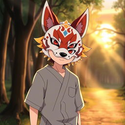 Kazuma Satou from Konosuba, depicted wearing an elaborate fox mask that adds a playful yet mysterious aura to his character