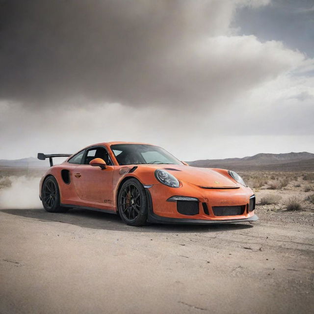 Transitioning from space to anarchy, the Porsche GT3 RS now stands in the desolate landscapes of a Mad Max apocalyptic world