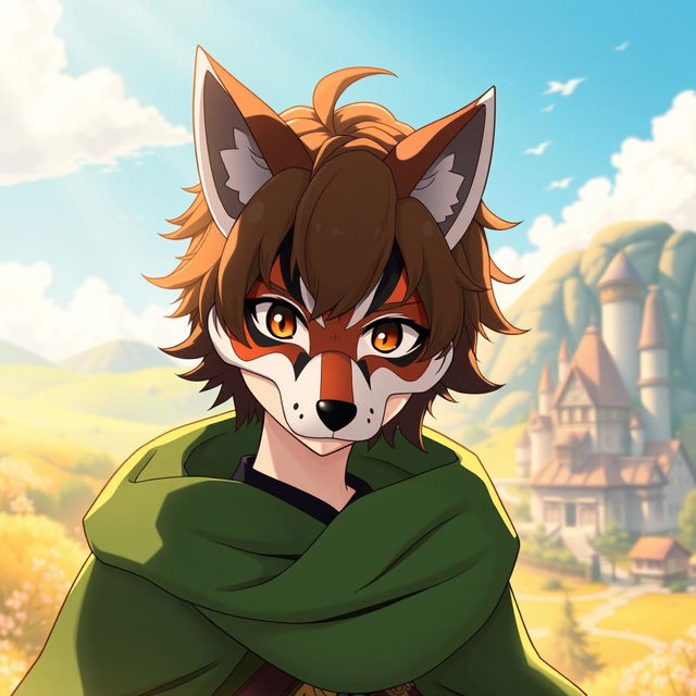 Kazuma Satou from Konosuba, depicted with lush brown hair styled casually, wearing a striking fox mask that adds a whimsical touch to his appearance