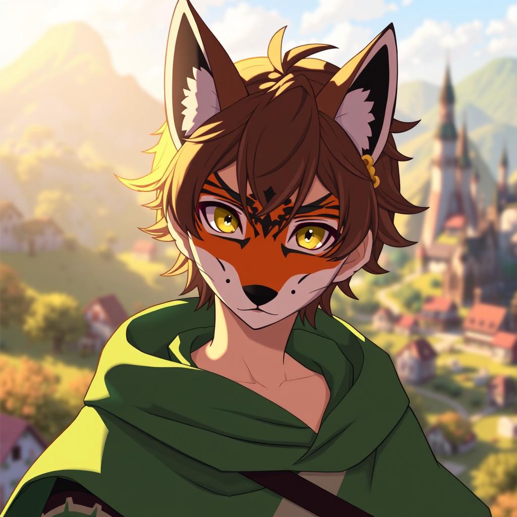 Kazuma Satou from Konosuba, depicted with lush brown hair styled casually, wearing a striking fox mask that adds a whimsical touch to his appearance