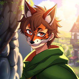 Kazuma Satou from Konosuba, depicted with lush brown hair styled casually, wearing a striking fox mask that adds a whimsical touch to his appearance