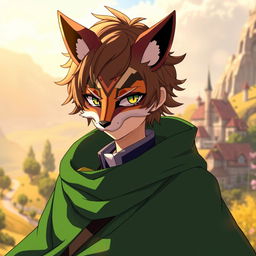 Kazuma Satou from Konosuba, depicted with lush brown hair styled casually, wearing a striking fox mask that adds a whimsical touch to his appearance