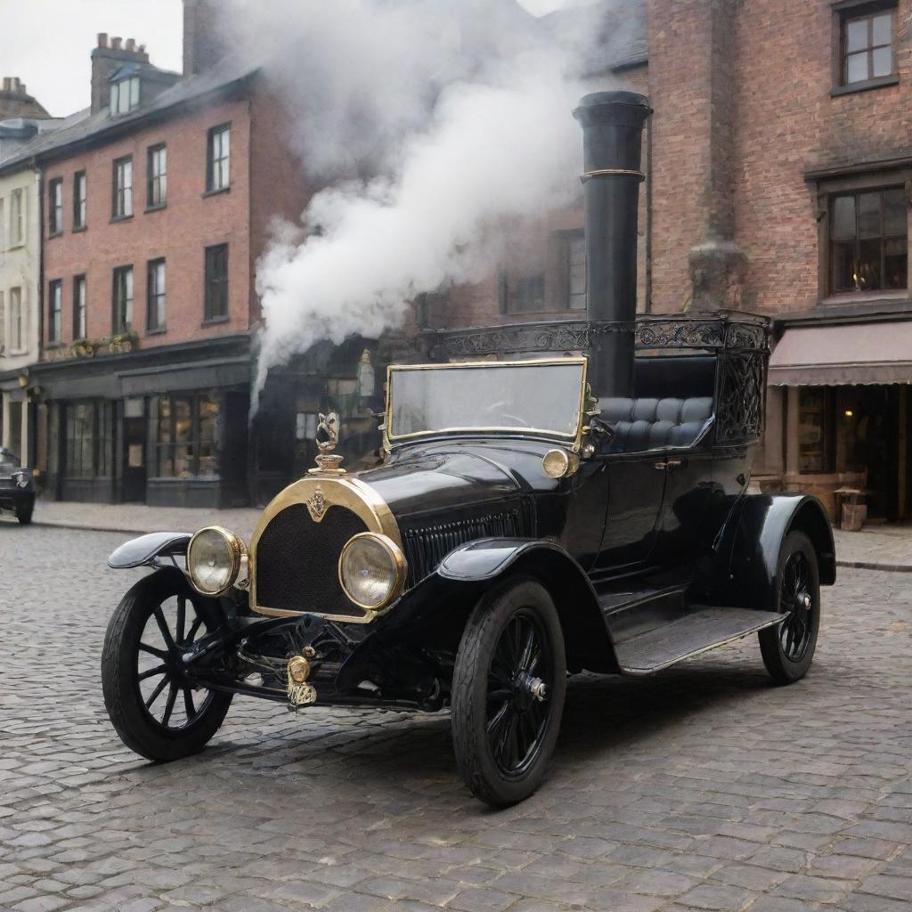 A vintage steam car with intricate details ironwork, an ornate chimney spouting gentle plumes of steam, on a cobblestone street