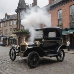 A vintage steam car with intricate details ironwork, an ornate chimney spouting gentle plumes of steam, on a cobblestone street