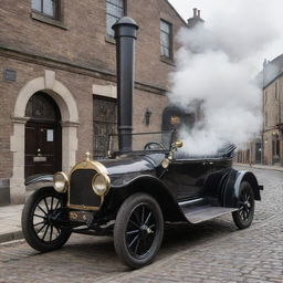 A vintage steam car with intricate details ironwork, an ornate chimney spouting gentle plumes of steam, on a cobblestone street