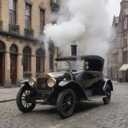 A vintage steam car with intricate details ironwork, an ornate chimney spouting gentle plumes of steam, on a cobblestone street