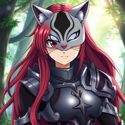 Erza Scarlet from Fairy Tail, depicted wearing a stylish and elegant cat mask that adds a playful element to her fierce persona