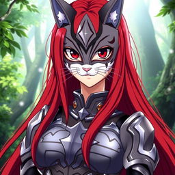 Erza Scarlet from Fairy Tail, depicted wearing a stylish and elegant cat mask that adds a playful element to her fierce persona