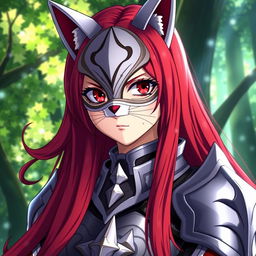 Erza Scarlet from Fairy Tail, depicted wearing a stylish and elegant cat mask that adds a playful element to her fierce persona