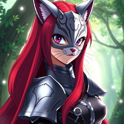 Erza Scarlet from Fairy Tail, depicted wearing a stylish and elegant cat mask that adds a playful element to her fierce persona