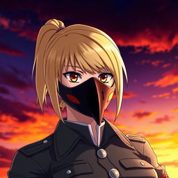 Riza Hawkeye from Fullmetal Alchemist, depicted wearing a striking hawk mask that symbolizes her keen vision and sharp instincts