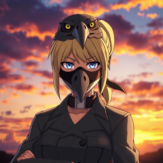 Riza Hawkeye from Fullmetal Alchemist, depicted wearing a striking hawk mask that symbolizes her keen vision and sharp instincts