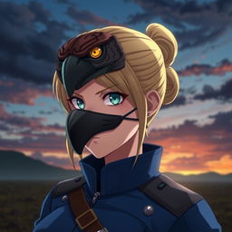 Riza Hawkeye from Fullmetal Alchemist, depicted wearing a detailed hawk mask that symbolizes her sharp instincts and determination