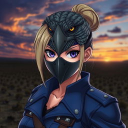 Riza Hawkeye from Fullmetal Alchemist, depicted wearing a detailed hawk mask that symbolizes her sharp instincts and determination