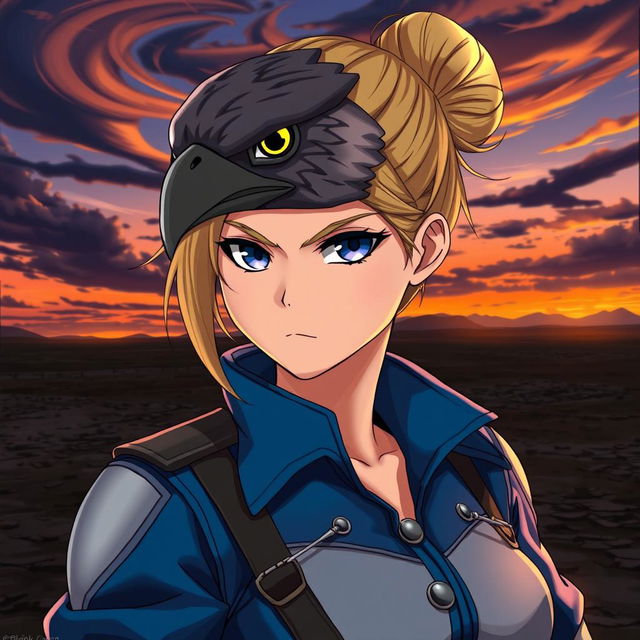 Riza Hawkeye from Fullmetal Alchemist, depicted wearing a detailed hawk mask that symbolizes her sharp instincts and determination