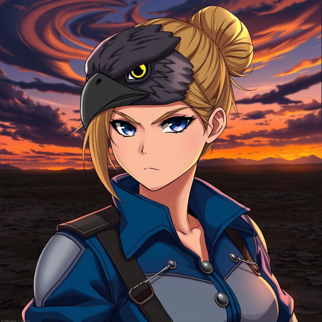 Riza Hawkeye from Fullmetal Alchemist, depicted wearing a detailed hawk mask that symbolizes her sharp instincts and determination