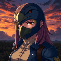 Riza Hawkeye from Fullmetal Alchemist, depicted wearing a striking hawk mask that captures her sharp instincts and determination, combined with vivid red eyes that convey intensity and focus