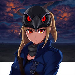 Riza Hawkeye from Fullmetal Alchemist, depicted wearing a striking hawk mask that captures her sharp instincts and determination, combined with vivid red eyes that convey intensity and focus